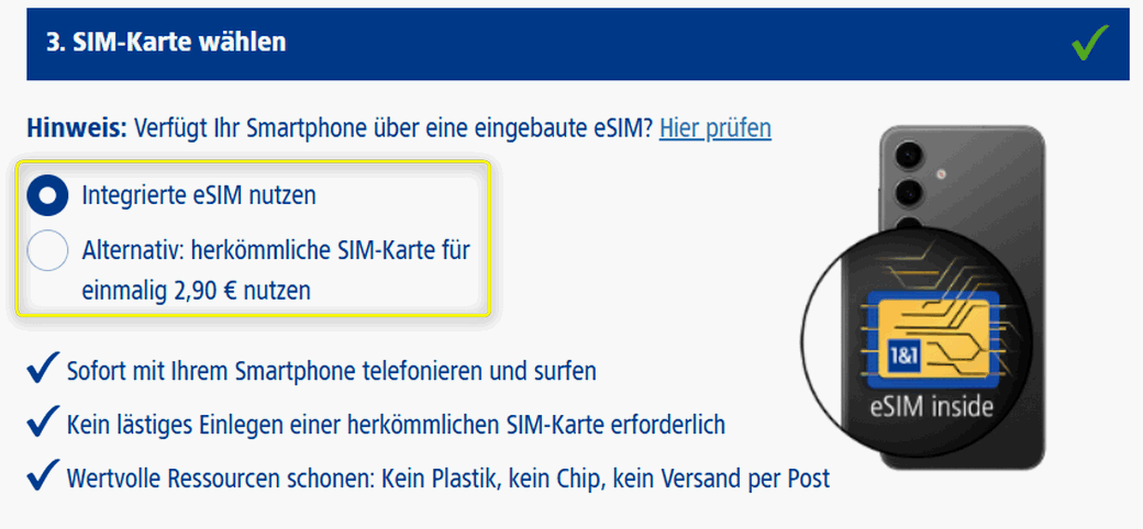 1&1: eSIM gratis, (physische) SIM-Karte kostet 2,90 €