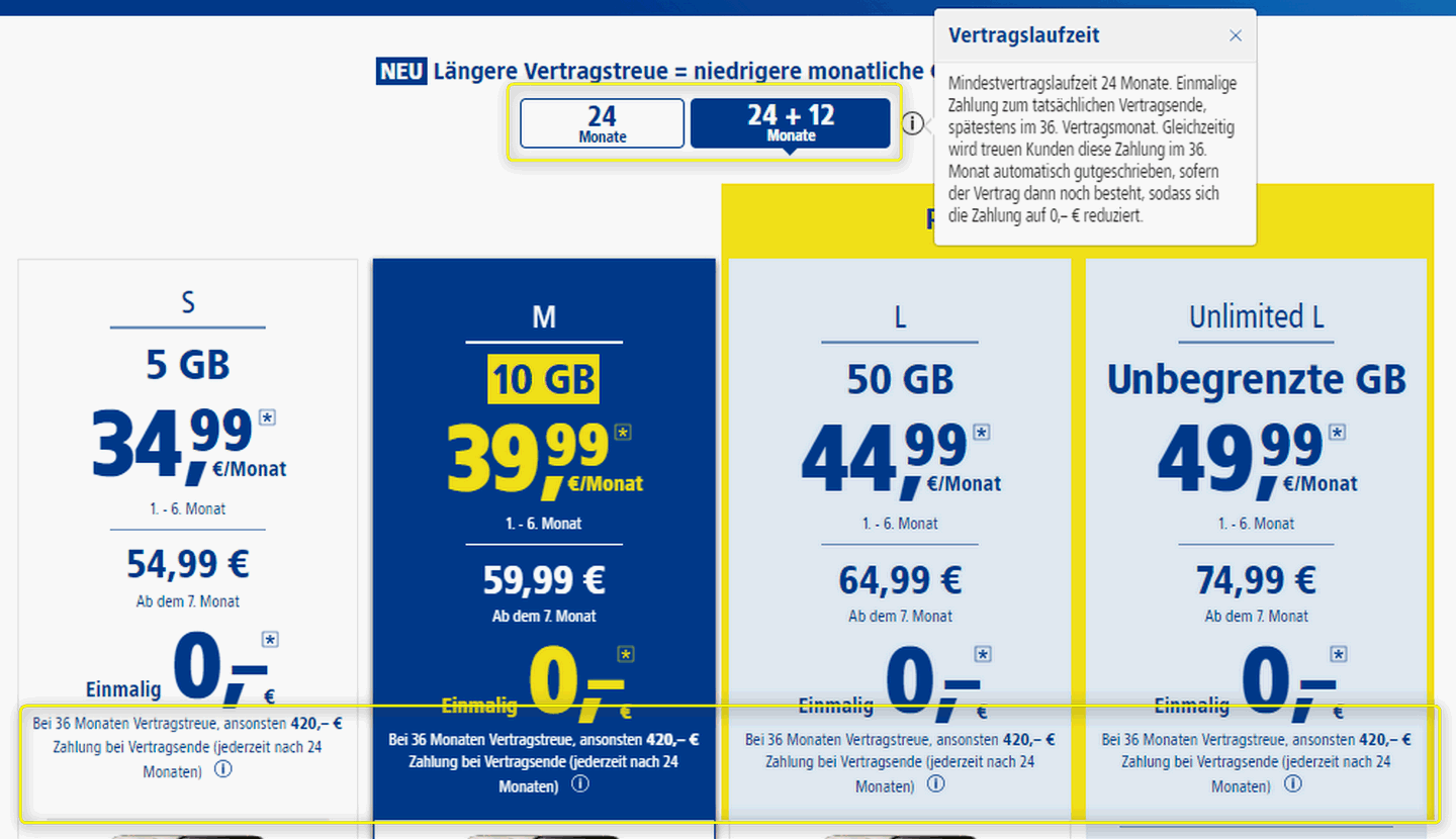 1&1 Angebote mit Handy mit bis zu 36 Monaten Vertragslaufzeit