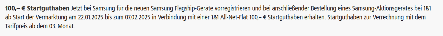 1&1 mit 100 € Startguthaben für Samsung