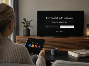 Account Sharing Netflix: Frau sitzt mit Tablet vor TV