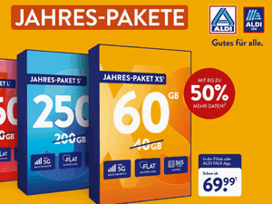 ALDI TALK Jahrespakete mit (noch) mehr Datenvolumen ALDI TALK Jahrespakete mit (noch) mehr Datenvolumen