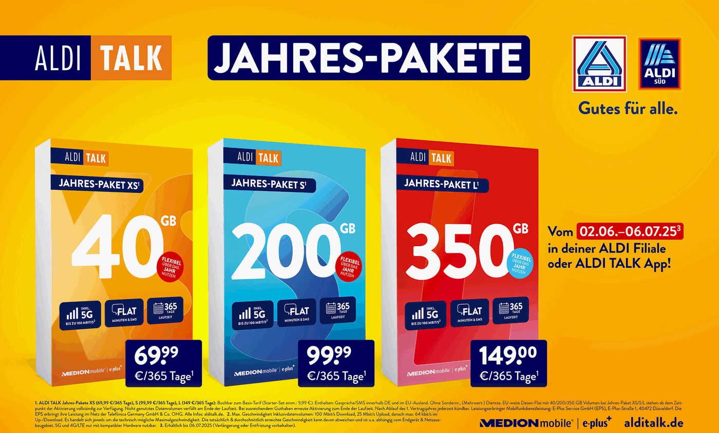 ALDI TALK Jahrespakete 2025 mit mehr Datenvolumen ALDI TALK Jahrespakete 2025 mit mehr Datenvolumen