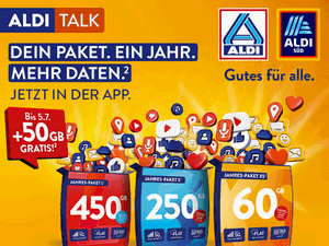 Zum Beitrag: ALDI TALK Jahres-Pakete: Tarife mit 365 Tagen Gültigkeit – bis 5.7. App-Bonus aktivieren und so 70 GB (69,99€), 300 GB (99,99 €) und 500 GB (149 €) erhalten