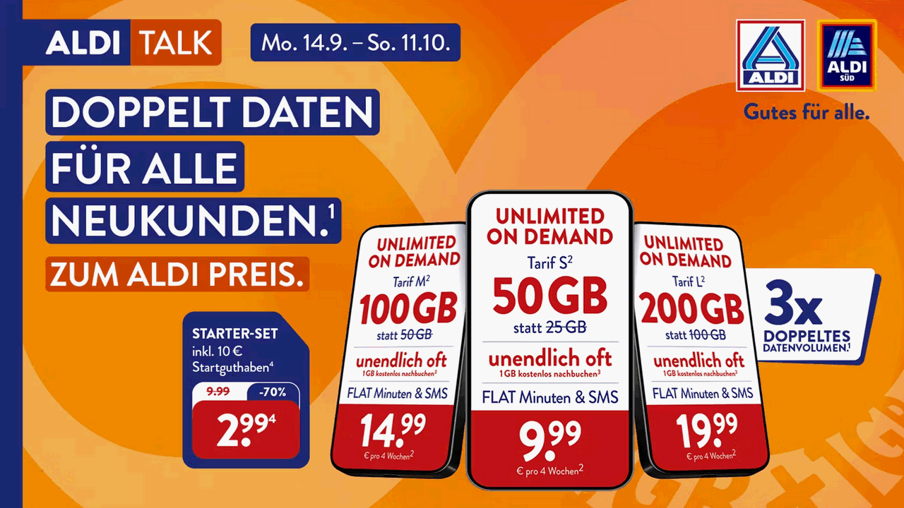 ALDI TALK Starterset für 2,99 Euro + Unlimited-Aktion vom 14.9.2026 bis 11.10.2026