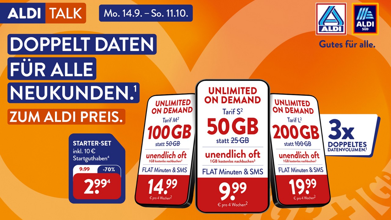 ALDI TALK Unlimited-on-Demand-Aktion: Doppeltes Datenvolumen und Starter-Set für 2,99 Euro