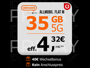 Zum Beitrag: allmobil Black Friday Aktion: 35 GB Flat für 5,99 € im Monat + 40 € Wechselbonus (Ø 4,32 € mtl.)
