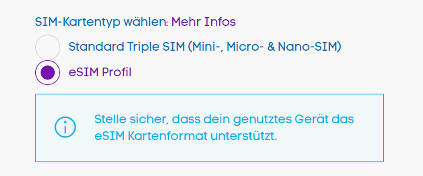 Das Blau eSIM-Profil lässt sich im Bestellprozess auswählen