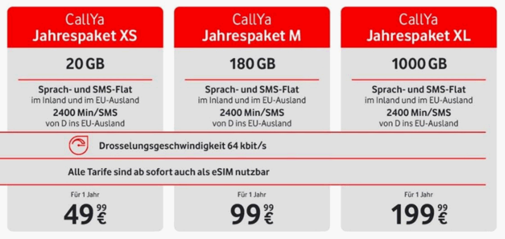 Neue CallYa Jahrespaket ab dem 2.12.2025 − von 20 GB bis 1.000 GB