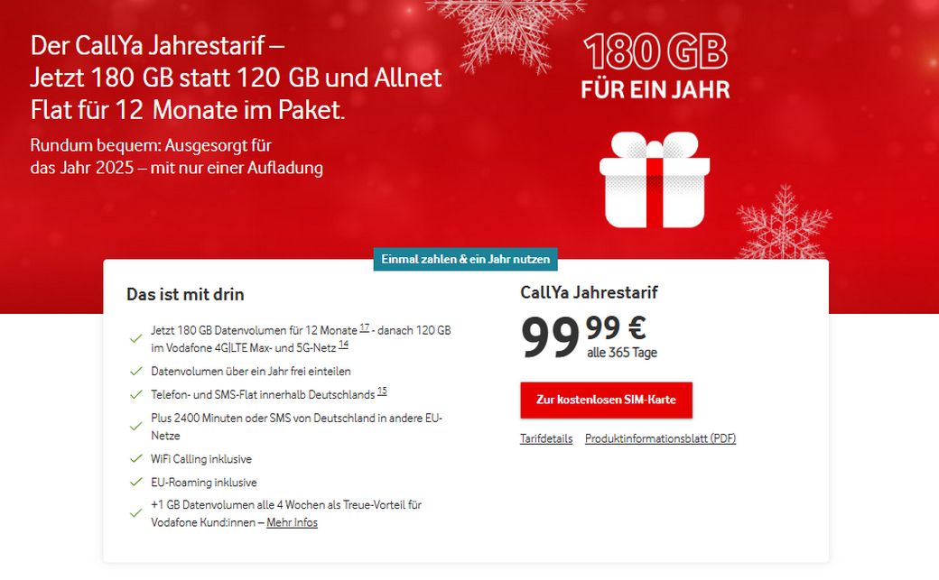 CallYa Jahrestarif Aktion 2024 mit 180 GB Datenvolumen