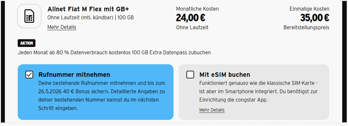 Congstar Allnet-Flat mit 40 € Wechselbonus bei Rufnummernmitnahme