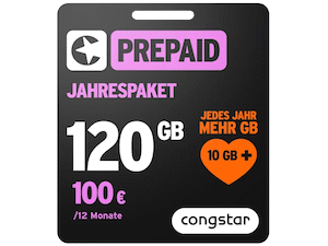 Zum Beitrag: Congstar Jahrespaket: 5G Prepaid Allnet-Flat mit 120 GB Datenvolumen für 100 €