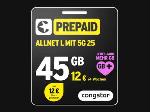 Zum Beitrag: Congstar Prepaid Allnet L: 45 GB für 12 € alle 4 Wochen