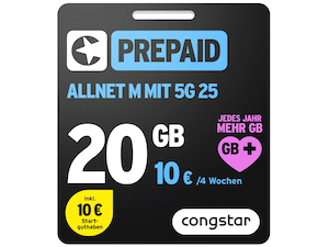 Zum Beitrag: Congstar Prepaid Allnet M (GB+): 20 GB Allnet-Flat für 10 € alle 28 Tage, SIM-Karte für 1 €