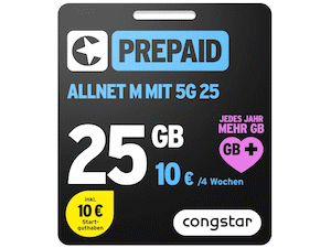 Zum Beitrag: Congstar: Prepaid Allnet-Flat mit 25 GB für 10 €, SIM-Karte für 1 €