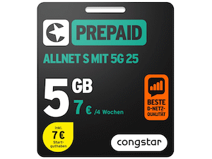 Zum Beitrag: congstar Prepaid Allnet S: 5 GB Allnet-Flat für 7 € alle 28 Tage