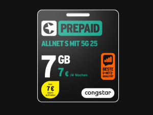 Zum Beitrag: congstar Prepaid Allnet S: 7 GB Allnet-Flat für 7 € alle 28 Tage + Startpaket für 1 €