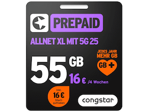 Zum Beitrag: Congstar Prepaid Allnet XL mit 55 GB statt 40 GB − und SIM-Karte für 1 €