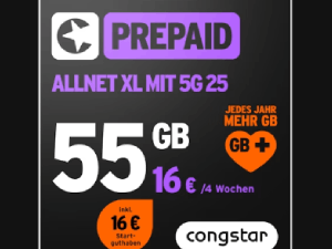 Zum Beitrag: congstar Prepaid Allnet XL: 55 GB Allnet-Flat für 16 € (4 Wochen) − Startpaket für 1 €