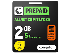 Zum Beitrag: Congstar Prepaid Allnet XS: 2 GB Allnet-Flat für 5 € alle 28 Tage