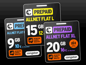 Zum Beitrag: congstar Prepaid-Tarife: Allnet-Flats mit 9 GB für 10 €, 15 GB für 12 € oder 20 GB für 16 € (je 4 Wochen) – und mit mitwachsendem Datenvolumen (GB+)