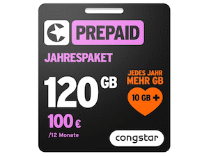 congstar Prepaid-Jahrespaket mit 120 GB für 100 €