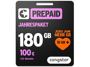 Zum Beitrag: Congstar Jahrespaket: 5G Prepaid Allnet-Flat mit 180 GB Datenvolumen für 100 €