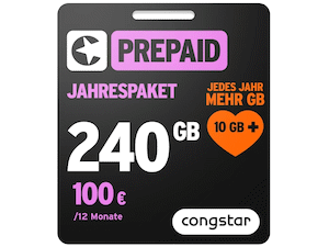 Zum Beitrag: Congstar: Prepaid-Jahrespaket jetzt mit 240 GB Allnet-Flat für 100 € (Prepaid) − rechnerisch: 20 GB Allnet-Flat für Ø 8,33 € mtl.