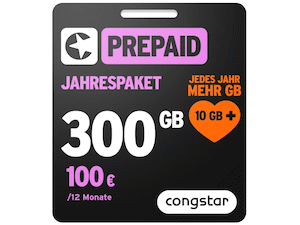 congstar Prepaid-Jahrespaket mit 300 GB Datenvolumen für 100 €