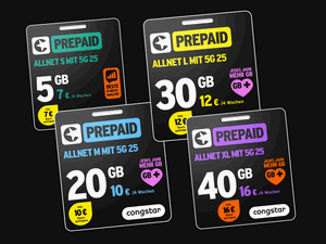 Zum Beitrag: Congstar Prepaid-Tarife: Allnet-Flats mit 20 GB für 10 €, 30 GB für 12 € oder 40 GB für 16 € (je 4 Wochen) – und mit jährlich steigendem Datenvolumen (GB+)