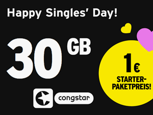 Zum Beitrag: Congstar Singles Day Aktion: 30 GB Prepaid Allnet-Flat für 10 € − SIM-Karte für 1 € Zum Beitrag: Congstar Singles Day Aktion: 30 GB Prepaid Allnet-Flat für 10 € − SIM-Karte für 1 €