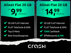 Zum Beitrag: crash Allnet-Flat 20 GB: Angebote mit Rabatt auf der Rechnung und Cashback
