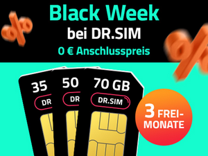 Zum Beitrag: Dr. SIM Black Friday Aktion 2024 jetzt mit 3 Freimonaten und ohne Anschlusspreis ab Ø 8,74 € im Monat (35 GB)