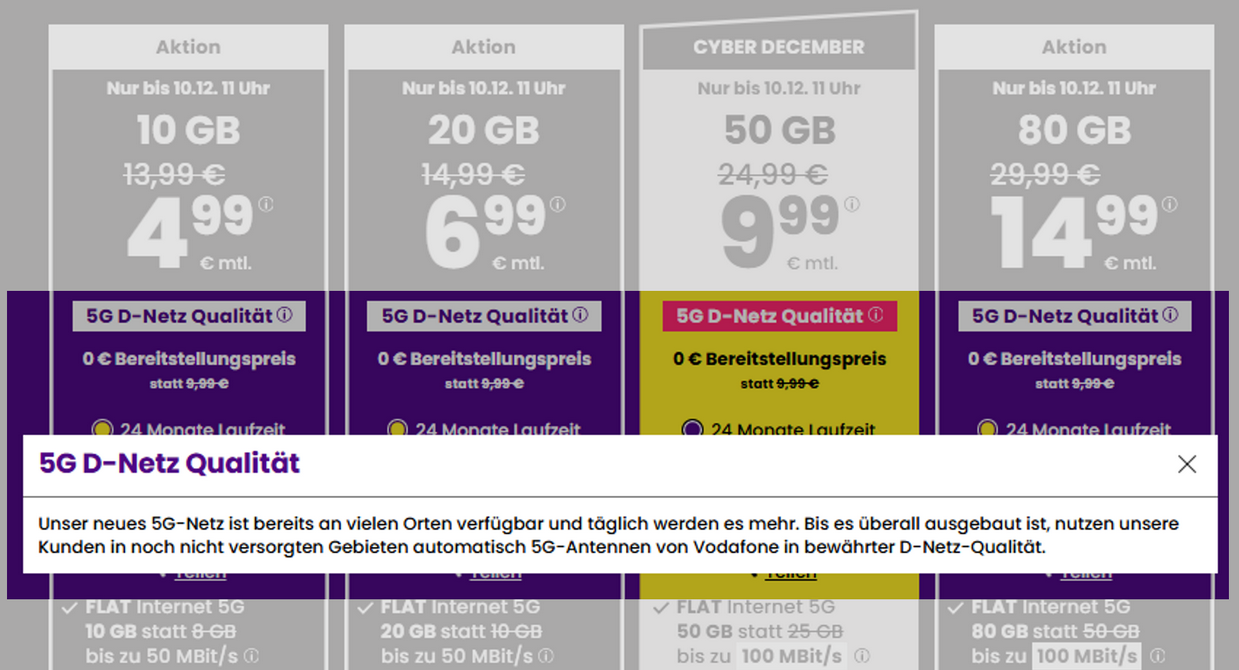 Drillisch wirbt auf sim24.de ganz offen mit einer 5G D-Netz-Qualität