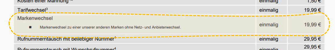 Der Drillisch-Markenwechsel steht für 19,99 € in der Preisliste (Stand: 12.8.2024)