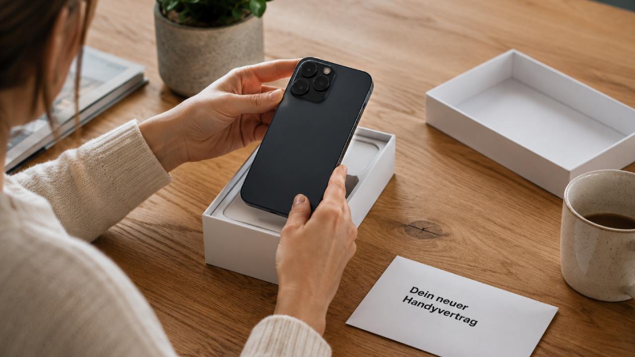 Frau packt neues Handy aus