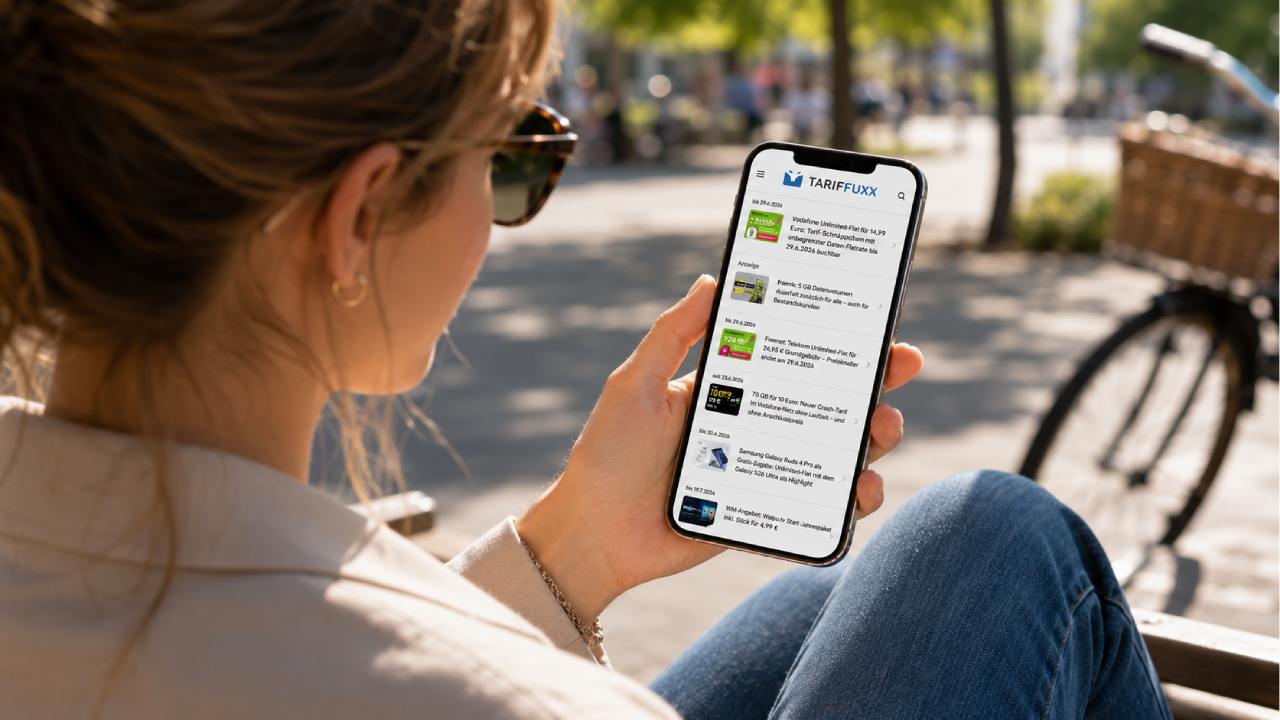 Frau surft auf Tariffuxx.de mit Smartphone