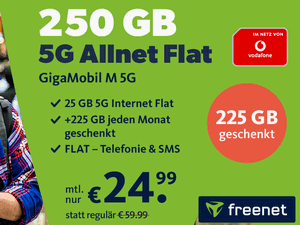 Zum Beitrag: freenet GigaMobil M mit 250 GB GB für 24,99 € im Monat als Aktionstarif