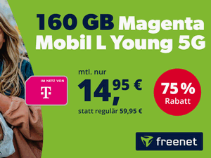 Zum Beitrag: Freenet Magenta Mobil L Young: 160 GB Allnet-Flat (5G) für 14,95 € im Monat – für alle unter 28 Jahren