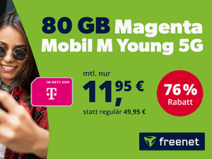 Zum Beitrag: Freenet Magenta Mobil M Young: 80 GB Allnet-Flat (5G) für 11,95 € im Monat (Altersgrenze: 27 Jahre)