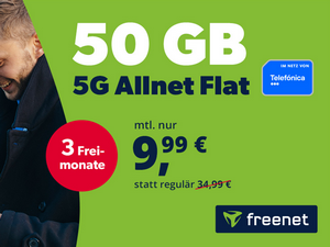 Zum Beitrag: Freenet: Telefónica Allnet-Flat 50 GB [5G] für 9,99 € im Monat und mit 3 Freimonaten (Ø: 8,74 € mtl.)