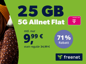 Zum Beitrag: Freenet: Telekom Allnet-Flat 25 GB [5G] für 9,99 € im Monat, kein Anschlusspreis