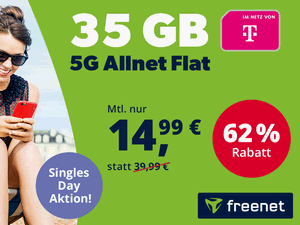 Zum Beitrag: Telekom Allnet-Flat 35 GB (5G) für 14,99 € im Monat als freenet Singles Day Aktion