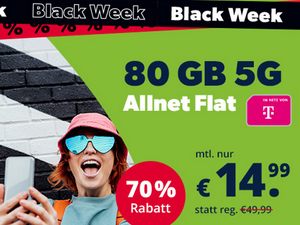 Zum Beitrag: Telekom Allnet-Flat 80 GB [5G] von freenet für 14,99 € im Monat als Black Friday Knüller 2024 − jetzt ohne Anschlusspreis