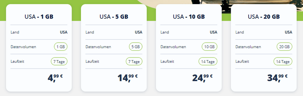 freenet Travel: Preise für die USA im Überblick (Beispiel)