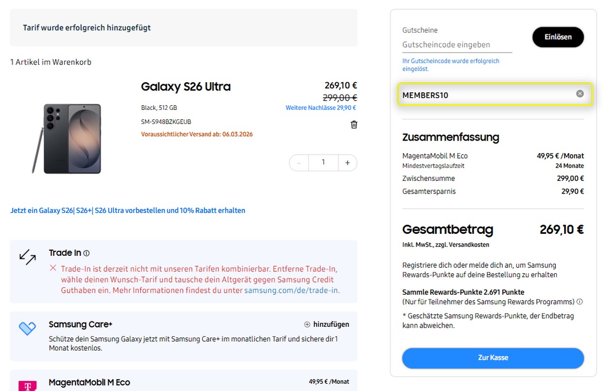 Samsung Galaxy S26 Ultra mit Gutscheincode in der Samsung Tarifwelt bestellen