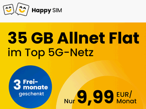 Zum Beitrag: Happy SIM: 35 GB Allnet-Flat für 9,99 € im Monat + 3 Freimonate (Ø: 9,16 € mtl.)