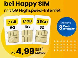 Happy SIM Tarife mit 3 Freimonaten ab 4,99 € im Monat