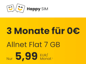 Zum Beitrag: Happy SIM: 7 GB Allnet-Flat für 5,99 € im Monat und 3 Freimonaten (Ø: 5,66 € mtl.)