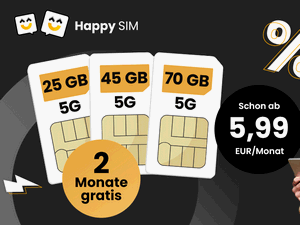 Zum Beitrag: Happy SIM Black Friday Aktion verbessert: 2 Freimonate im Laufzeit-Vertrag − jetzt rechnerisch 25 GB für Ø 5,49 €, 45 GB für Ø 6,41 € und 70 GB für Ø 8,24 € Grundgebühr