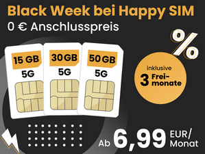 Zum Beitrag: Happy SIM Black Week Aktion 2024 im Überblick: 3 Freimonate, Tarife ab 6,99 € im Monat